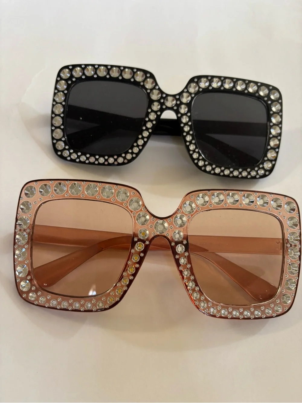 Crystal-Trim Square Sunglasses - Black and Pink